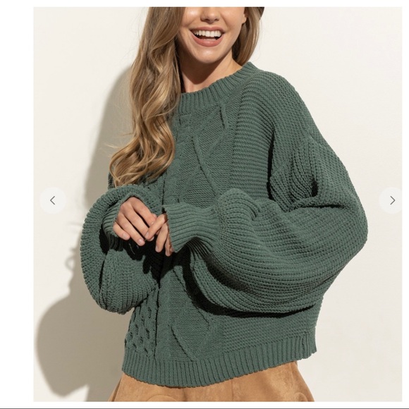 28 Boho Must Have Puff Long Sleeve Cable Sweater Top - Picture 2 of 5